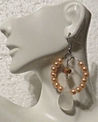 Exquisite Handcrafted Peach Hoop Earrings 2.50" Hook Dangle - Image 1 of 3