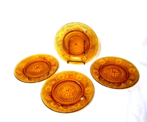 Set of 4 Tiara Indiana Amber Glass Daisy Sandwich 8.25" Salad Dessert Plates Lot - Picture 1 of 7
