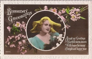 BIRTHDAY GREETINGS - Beautiful Woman & Flowers - 1936 - Picture 1 of 2