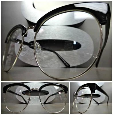 ENORME MARCO NEGRO Y PLATEADO LENTES TRANSPARENTES ESTILO RETRO VINTAGE DE GRAN TAMAÑO Foto 1 de 4
