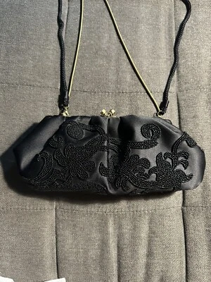 Black Satin Kate Landry Beaded Kiss lock Clutch Perfect For Prom - Image 1 of 4