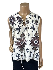 Maria Cher Sleeveless Top Size M White Brown Black Print Smocked Lace Up Bodice - Picture 1 of 13