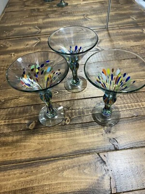 Handmade Mexican Hand Blown Multi Colored Confetti Martini Glasses - Image 1 of 4