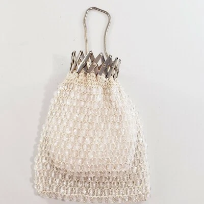 Vtg Beggar Bag Gate Neck Purse Satchel Clear Bead Crochet Victorian Art Nouveau  - Image 1 of 4