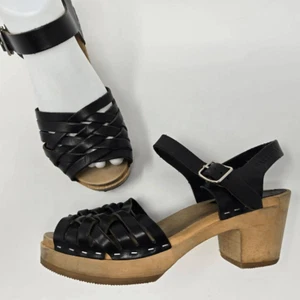 SWEDISH HASBEENS BRAIDED WEDGE HEEL CLOG SANDALS WOOD BLACK LEATHER WOMENS US 7 - Picture 1 of 10