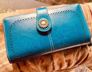 SENDEFN Wallet Large Teal Green Leather Bifold Purse RFID Blocking Card Holder  - Picture 1 of 14