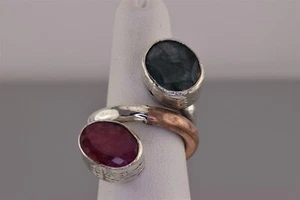 Sterling Silver& Copper Natural Ruby & Topaz Statement Band Ring 12g 925 Sz: 7 - Picture 1 of 8
