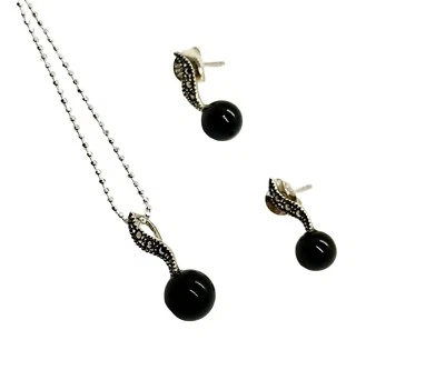 Silver Black Onyx Set Earrings And Necklace Silver 925 Made In Mexico Taxco - Image 1 of 4