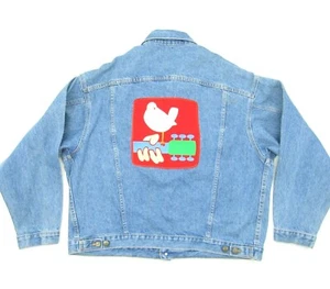 Vintage 1994 Woodstock Denim Jacket Star Gear Jeans Size Large Blue Concert Patch - Bild 1 von 9