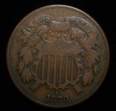 1870 2C TWO CENT PIECE COIN BROWN - F - Image 1 of 2