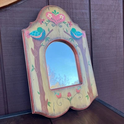 Retro Cottage Style Wood Framed Wall Mirror Hand Painted Bluebirds Folk Art  - Image 1 of 4