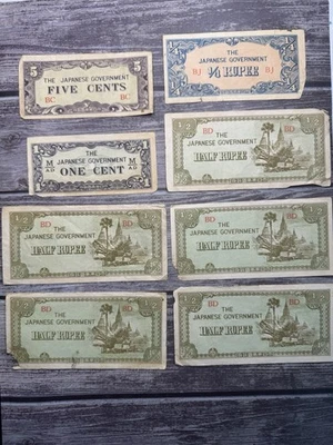 (Lot of 8) WWII Occupation Japanese Government Circulated Rupees, Cent Notes - Image 1 of 4