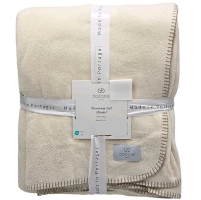 Docofil White Queen Size Cream Luxuriously Cotton Soft Blanket Made In Portugal - Image 1 of 4