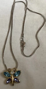 17” Silvertone Necklace Chain with Blue Butterfly Pendant w/ Goldtone Setting - Picture 1 of 5