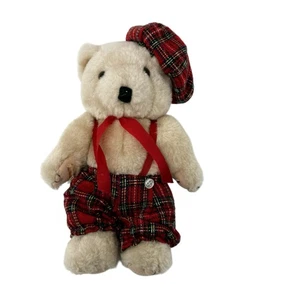Vintage Teddy Bear Stuffed Animal Red Plaid Outfit Plaid Beret Christmas Holiday - Picture 1 of 9