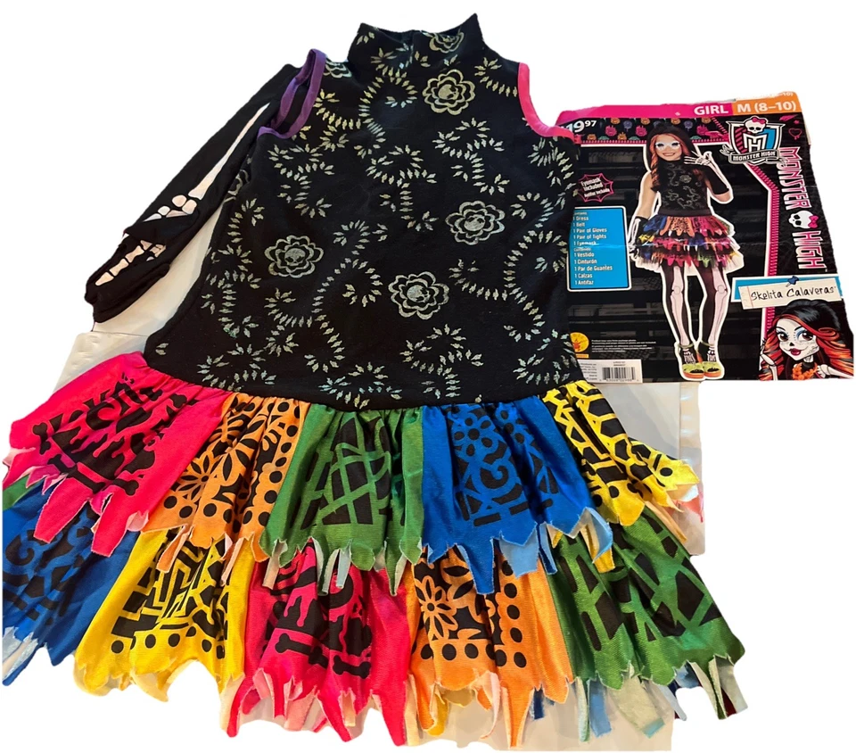 Monster High Skelita Calaveras Disfraz Niñas M 8/10, Vestido Calavera Un JUEGO DE GUANTES Foto 1 de 4