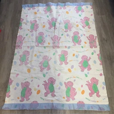 Vintage Barney Baby Blanket 59 X 42 Polyester Blend Satin Trim Lyrics 1990's - Image 1 of 3