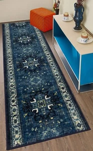 RUG RUNNER Mahal Blue Medallion Polypropylene Pile Cotton Back 25" / 35" Wide - Picture 1 of 4