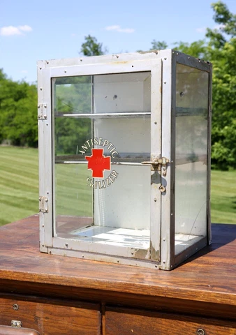 Antique Medical Cabinet Wood Metal Apothecary Glass Display Case industrial box Cover