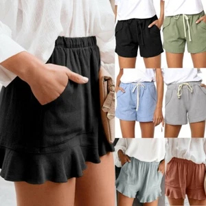 Womens Shorts Elastic Waist Drawstring Summer Beach Casual Loose Hot Pants - Picture 1 of 16