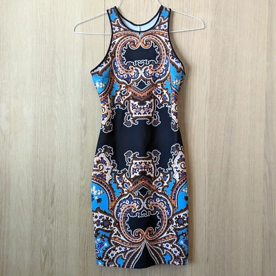 Clover Canyon XS Bodycon Dress Blue Black Orange Scuba Sheath Sleeveless Foto 1 de 4
