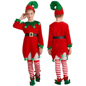 Girls Boys Christmas Elf Costume Dress with Hat Belt Stockings and Shoes Outfits - Picture 1 of 15