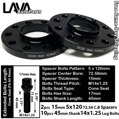 2PC 15MM THICK 5X120 72.56MM C.B WHEEL SPACER+10 14X1.25 BOLT FIT BMW MINI MODEL - Image 1 of 2
