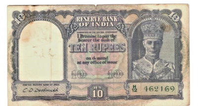 BRITISH INDIA  1943 - 10 RUPEE GEORGE VI FRONT FACE  NOTE SIGN. C D DESHMUKH #12 - Image 1 of 2