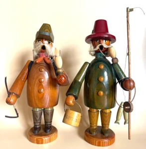 2 Vintage Erzgebirge German Incense Smokers Figurines of a Fisherman and Hiker - Picture 1 of 24