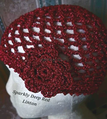 Sparkly RICH RED LUREX GLITTER CROCHET  SKULL CAP HAT 1970s 1920s ABBA Gatsby  - Image 1 of 3