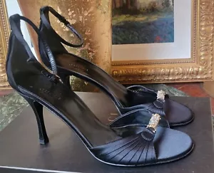 NIB GUCCI BLACK SATIN 3.5" HIGH HEEL ANKLE STRAP EVE SHOES SANDALS CRYSTAL 39 C - Picture 1 of 12