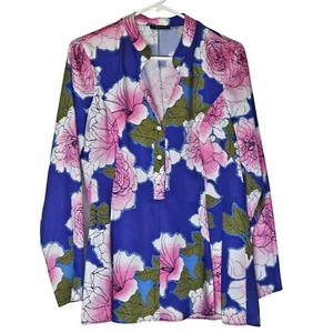 Natori Womens Floral Print Long Sleeve Blouse Top Size S Cotton Blend Blue Pink - Picture 1 of 7
