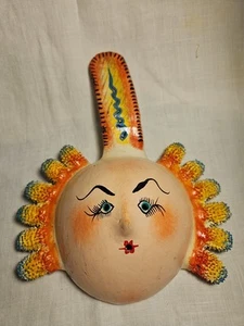 Mexican Folk Art Coconut Shell Mask Hand Painted Multi Color Handmade Wall Decor - Picture 1 of 13