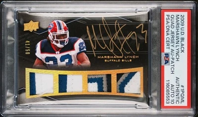 MARSHAWN LYNCH 2009 Upper Dec UD BLACK QUAD GAME USED PATCH GOLD /50 PSA 10 Auto - Image 1 of 2