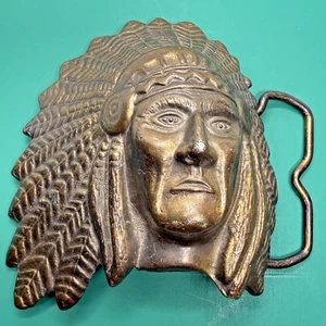 MBCI Fibbia Cintura Nativi Americani Testa Capo Indiano Ottone 3D Made In USA Vintage - Foto 1 di 11