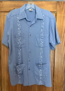 Genuine Haband Guayabera Shirt Mens M Blue Button Knit Embroidered Vintage Cuban - Picture 1 of 6