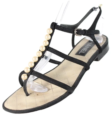 CHANEL Black Suede Pearl Embellished Strappy Flat Sandals 40 - Image 1 of 4