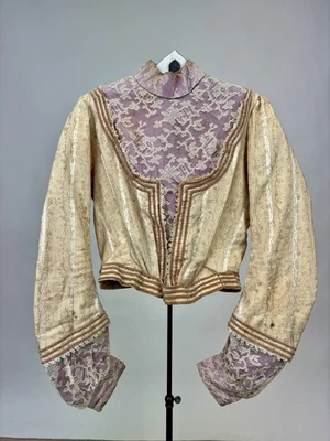 Antique Victorian Bodice Floral Striped Lace Cream Lavender Mauve Velvet Ribbon - Image 1 of 4