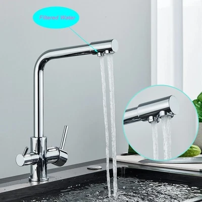 3 Way Pure Water Filter Kitchen Tap Dual Handle Swivel Sink Mixer Taps Chrome - Image 1 of 4