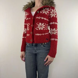 Y2K Vintage Abercrombie & Fitch Strickjacke Knopfleiste Strick Kunstfellkragen Mcbling - Bild 1 von 10