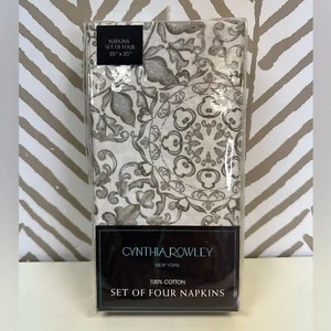 New Cynthia Rowley 100% Cotton Napkins White Gray Silver Floral Set of 4 - Picture 1 of 3