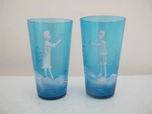 Antique MARY GREGORY Blue Glass GIRL & BOY with Dragonfly Butterfly Tumbler Set - Picture 1 of 7