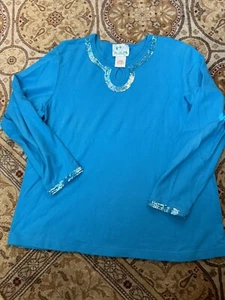 Quacker Factory L Large Woman Ocean Sea Blue Pullover Keyhole Neck Sequins Tunic - Picture 1 of 3