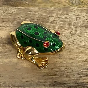 Enameled Frog Trinket Box Gold Plated Jeweled Eyes Vtg - Picture 1 of 9