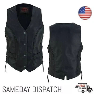WOMEN'S MOTORCYCLE BIKER COWRIDE LEATHER BRAIDED VEST SIDE LACES WITH GUN POCKET - Image 1 of 4