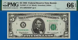 1963 $5 Federal Reserve Note PMG 66EPQ top pop finest Boston star Fr 1967-A* - Picture 1 of 3