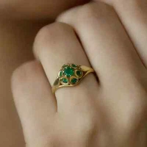 0.80Ct Simulated Round Green Emerald Halo Wedding Ring 14K Yellow Gold Finish - Picture 1 of 6