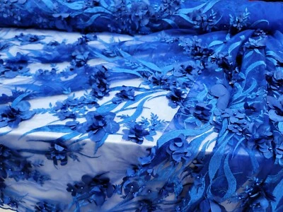 Royal Blue 3D Flowers Floral Beaded Embroidered Pearls Mesh Lace Fabric By Yard - Image 1 of 4
