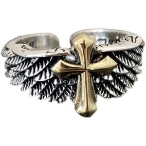 925 Sterling Silver Wing Gold Cross Ring Open Adjustable Size Mens Womens - Picture 1 of 8