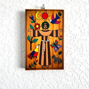 Vintage Wall Plaque Wood El Salvador Hand Painted St Francis Folk Art Stamped - Picture 1 of 10